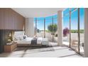 Serene main bedroom with curved windows, natural light, modern furnishings, and a private balcony at 185 Steele St # 503, Denver, CO 80206