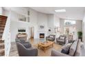 Bright living room with vaulted ceilings, a fireplace, lots of natural light, and modern gray furnishings at 2330 Redwood Ave, Lafayette, CO 80026
