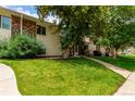 Residential exterior featuring a well-maintained lawn, mature tree and a walkway leading to the front door at 1005 S Miller Way, Lakewood, CO 80226