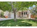 View of home with front porch framed by a large shade tree and green lawn at 20394 E Colgate Pl, Aurora, CO 80013