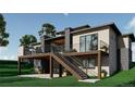 Modern home showcasing a two-story deck with metal railings and stone accents at 1721 Arrowpoint Ct, Franktown, CO 80116
