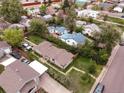 This aerial view shows a single-story home in a neighborhood with alley access and compact backyard at 2258 S Galapago St, Denver, CO 80223