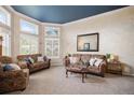 Bright living room with large windows, plantation shutters, and comfortable seating at 5855 Saddle Creek Trl, Parker, CO 80134
