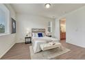 Cozy main bedroom with a plush rug, wood floors, and bright natural light at 612 Blue Teal Dr, Castle Rock, CO 80104