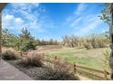 Scenic backyard view with lush greenery, a wooden fence, and a peaceful walking path at 23965 E Kettle Pl, Aurora, CO 80016