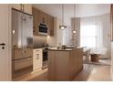Modern kitchen featuring stainless steel appliances, stylish light fixtures, and a functional island at 4817 W 10Th Ave, Denver, CO 80204