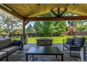 Inviting covered patio with stylish furniture and a stone fire pit, perfect for outdoor entertaining at 5914 S Kearney St, Centennial, CO 80111