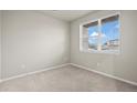 Bright, carpeted bedroom with a large window offering ample natural light and neutral wall paint throughout at 479 Interlocken Blvd # 105, Broomfield, CO 80021