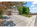 Long driveway leading to a three-car garage, accented by manicured landscaping and mature trees at 10293 E Sheri Ln, Englewood, CO 80111