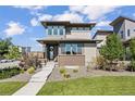 Inviting modern two-story home featuring stylish architecture and a well-manicured front yard at 9741 Taylor River Cir, Littleton, CO 80125