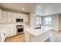 Modern kitchen featuring white cabinets, stainless steel appliances, and a large island with sink at 8633 Middle Fork St, Littleton, CO 80125