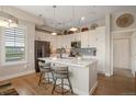 Contemporary kitchen featuring white cabinets, stainless appliances, hardwood floors, a kitchen island with pendant lighting at 10111 Inverness Main St # 301, Englewood, CO 80112