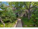 Attractive condo with a manicured lawn, mature trees and a sidewalk leading to the front door at 221 S Garfield St # 213, Denver, CO 80209