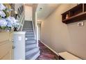 Welcoming entryway with carpeted stairs, a coat rack, and attractive decor elements at 8611 Gold Peak Dr # D, Highlands Ranch, CO 80130