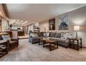Spacious living room featuring plush carpet, comfortable seating, and stylish wall art at 9658 Coronado Ct, Parker, CO 80134