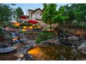 Gorgeous backyard waterfall feature with professional landscaping, hardscaping, and outdoor seating at 254 Lead Queen Dr, Castle Rock, CO 80108