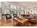 Bright living room featuring hardwood floors, large windows, and a cozy seating arrangement at 1425 Autumnwood Ln, Evergreen, CO 80439