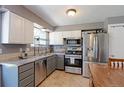 Modern kitchen featuring stainless steel appliances, gray cabinetry, and granite countertops at 321 S 26Th Ave, Brighton, CO 80601