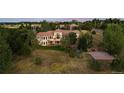 Aerial view of the home's expansive backyard with a fire pit and sports court amidst lush greenery at 11541 Warrington Ct, Parker, CO 80138