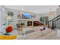 Cozy living room with fireplace, comfortable seating, and a view of the lush green yard at 12054 E Lake Cir, Greenwood Village, CO 80111