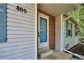 Close-up of the home's front door with brick accents and light blue trim at 800 Park View Pl, Castle Rock, CO 80104