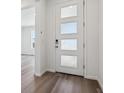 Modern white front door with glass inserts, complemented by sleek hardwood flooring at 8241 Rockvale Dr, Littleton, CO 80125