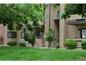 Apartment building facade showing unit numbers and lush, green lawn with mature trees at 400 Zang St # 1-105, Lakewood, CO 80228