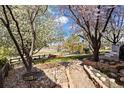Landscaped backyard offers a tranquil retreat with a stone pathway, mature trees, and a cozy pergola seating area with open views at 5941 S Waco St, Aurora, CO 80016