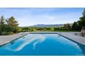 A luxurious pool reflecting the sky with views of trees and mountains, surrounded by manicured landscaping at 8000 N 41St St, Longmont, CO 80503