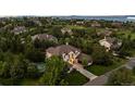Aerial view of the property, showcasing its vast yard, basketball court, and surrounding neighborhood at 6122 Maroon Peak Pl, Castle Rock, CO 80108