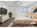 Cozy bedroom featuring soft decor, a ceiling fan, two windows and a dresser with TV at 1826 Sunshine Ave, Longmont, CO 80504