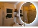 Bright bathroom with round mirror, marble countertop, plants, and a window at 3701 S Grant St, Englewood, CO 80113