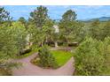 Aerial view of luxury home nestled among mature trees with mountain backdrop at 2521 Juniper Ct, Golden, CO 80401