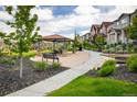 Community park area with covered picnic tables, seating, and lush landscaping at 1125 Anker Dr, Erie, CO 80516