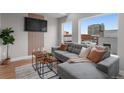 Comfortable living room featuring a gray sofa, a TV, and a decorative rug, perfect for relaxing and entertaining at 2140 S Ash St # 102, Denver, CO 80222