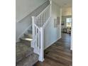Elegant staircase with carpeted steps, white railing, and hardwood floors in a bright, open space at 6077 Idlewild Pl, Brighton, CO 80601