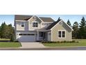 Two-story house with light green and white siding, attached garage, and landscaping at 39440 Congress Ln, Elizabeth, CO 80107