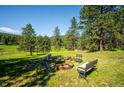 Large open backyard featuring a fire pit, ideal for gatherings and enjoying the outdoors in a peaceful setting at 29263 Sue Rd, Evergreen, CO 80439