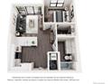 Rendering of floor plan with open-concept living space, kitchen, bath, and a bedroom with walkout patio at 1634 N Sheridan Blvd # 202, Denver, CO 80204