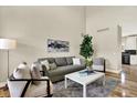 Cozy living area with plush seating, a white coffee table, and views to the kitchen for easy living at 9885 Thornbury Way, Highlands Ranch, CO 80129