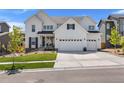 Front elevation features a three-car garage, manicured lawn, and modern architectural details at 14441 Shasta Daisy Ln, Parker, CO 80134