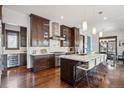 Stylish kitchen featuring dark cabinets, a large island, and stainless steel appliances at 230 Hudson St, Denver, CO 80220