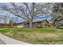 Inviting single-story home with mature trees, a spacious front yard, and a classic brick and wood facade at 7245 W 70Th Ave, Arvada, CO 80003