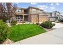Beautifully landscaped front yard with a lush green lawn, decorative rocks, and mature trees creating great curb appeal at 1997 Fox Haven Dr, Castle Rock, CO 80104