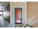 Close-up of a unit entry door featuring a teal frame and decorative glass at 7440 S Blackhawk St # 14-103, Englewood, CO 80112