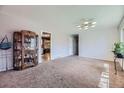 Spacious living room featuring plush carpeting and modern lighting at 5485 E Bails Dr, Denver, CO 80222