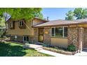 Inviting front entrance with brick accents, a well-maintained lawn, and mature trees at 8272 Ammons Cir, Arvada, CO 80005