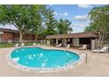 Community swimming pool with lounge chairs and a covered patio area at 5559 S Lowell Blvd, Littleton, CO 80123