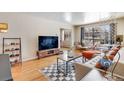 Cozy living room with a sofa, large-screen TV, decorative shelving unit, and windows overlooking the neighborhood at 1375 N Williams St # 206, Denver, CO 80218