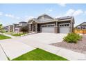 Attractive home showcasing gray siding, stone accents, a three-car garage, and mature landscaping at 17247 E 103Rd Ave, Commerce City, CO 80022
